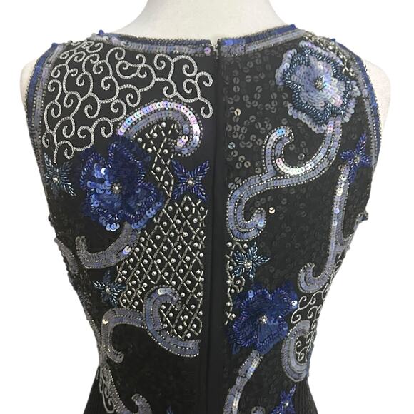 Scala Beaded Dress Sequin Embelished Floral Event Cocktail Black Medium - Picture 5 of 8